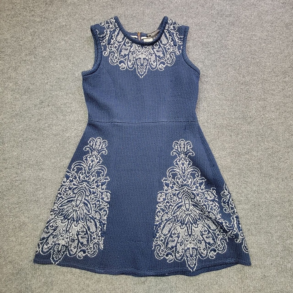 Yoana Baraschi Dress Womens XL Blue White Paisley Textured‎ Fit & Flare